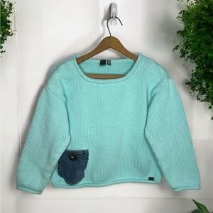 SHANNON PASSERO Artsy Scoop Neck Recycled Denim Cotton Hand Knit Sweater